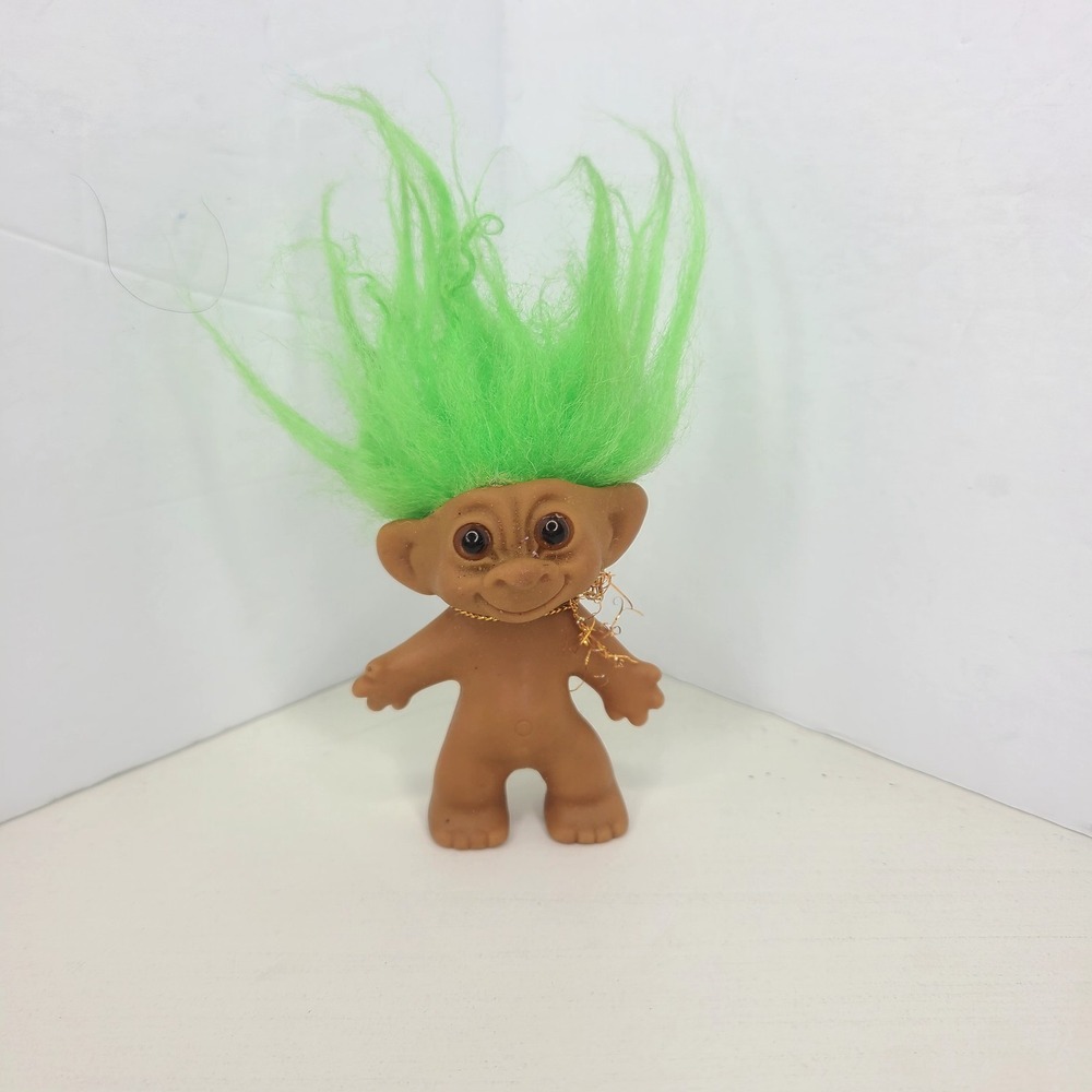 Vtg Uneeda Wishnik Good Luck Troll Green Hair Horseshoe Feet Toy Doll Figure 3in